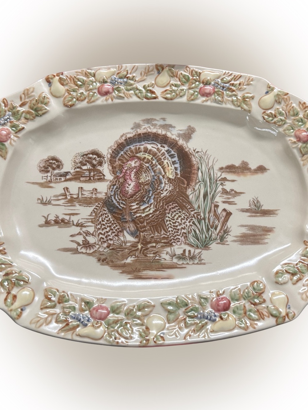 Vintage Turkey Motif Ceramic Serving Platter - Brown & Cream - 18”x13”